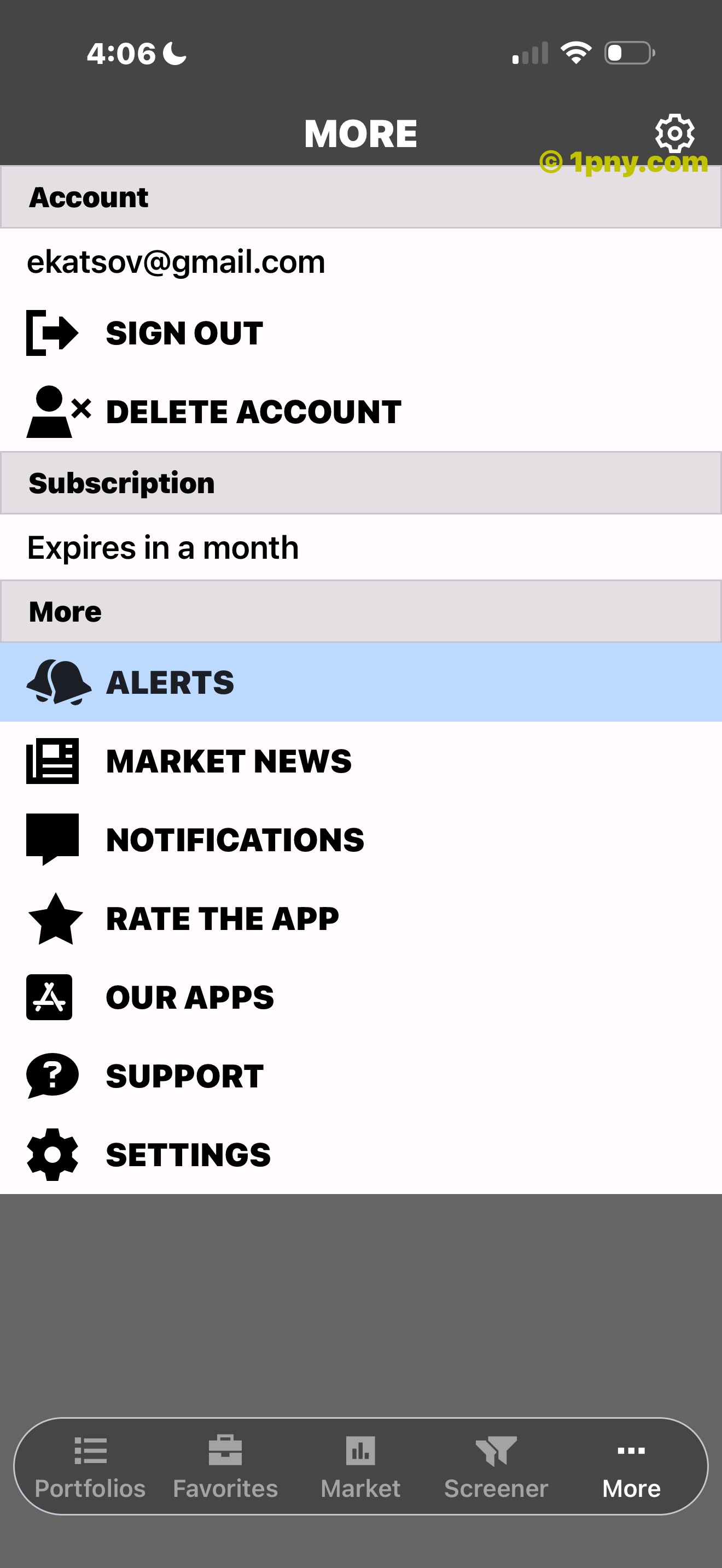 Penny Gems More menu with account and support options