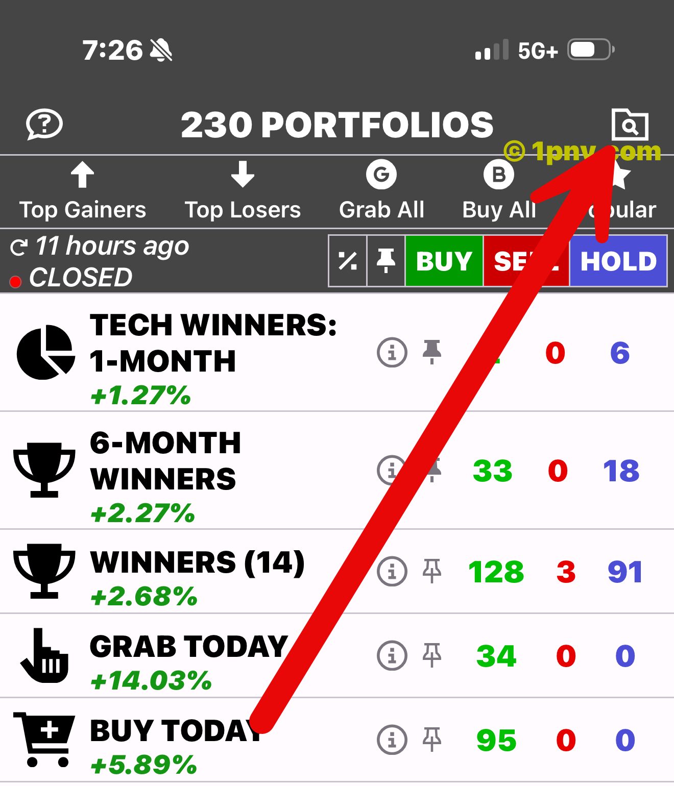 Red arrow showing the portfolio search folder at the upper right of the Penny Gems screen