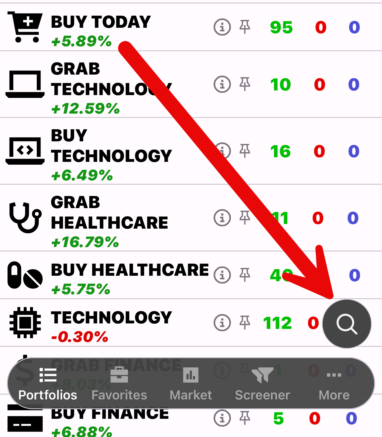 Red arrow showing the stock search magnifier at the lower right of the Penny Gems screen